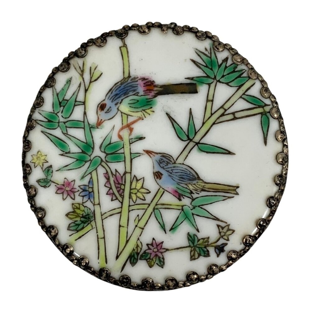 Vintage Hand-painted Floral Lovebirds Trinket Box Mirror - Porcelain and Metal